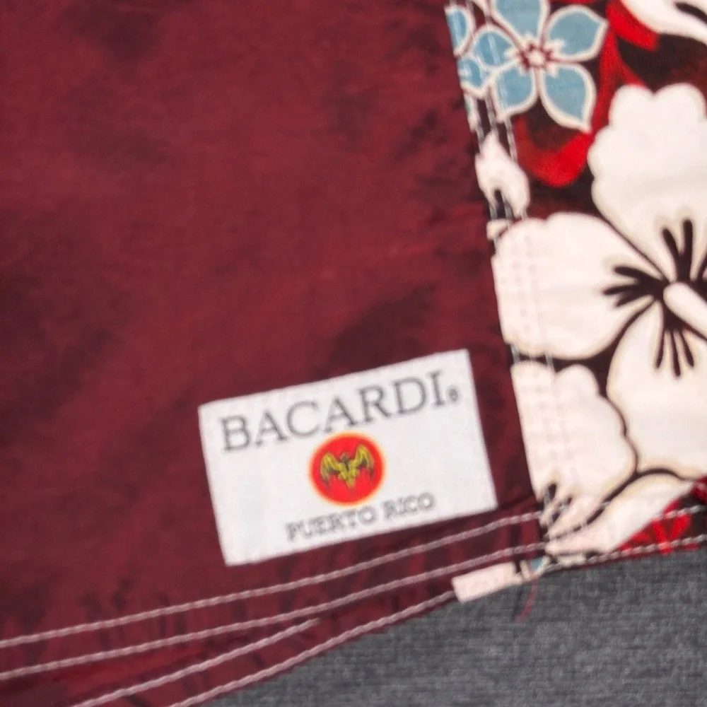 Bacardi Board Shorts Mens 34 Burgundy Floral Puerto Rico Hawaii Swim Trunks